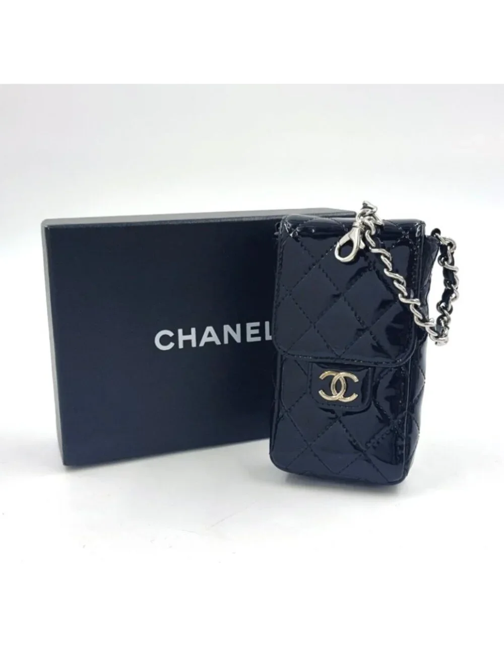 Chanel Quilted CC Logo Enamel Leather Black Pouch Silver
